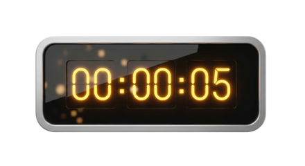 A digital clock displaying zero hours zero minutes and five seconds on a black background screen