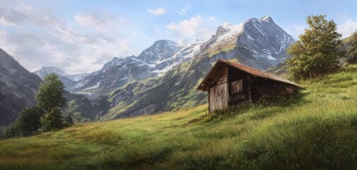 Obraz premium The cozy cabin nestled in breathtaking mountain scenery under a clear sky.