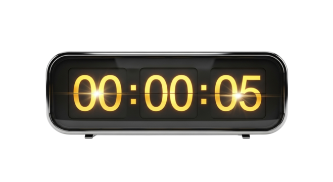A close up of a digital clock displaying zero hours zero minutes and five seconds on a black background
