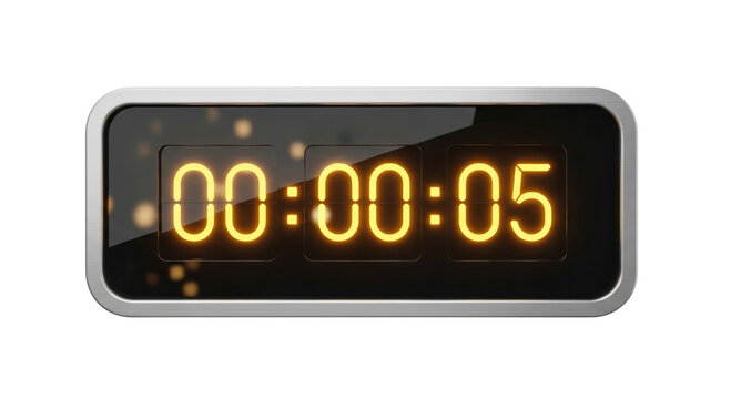 A digital clock displaying zero hours zero minutes and five seconds on a black background screen