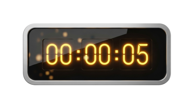 A digital clock displaying zero hours zero minutes and five seconds on a black background screen