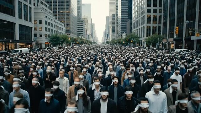 A crowd of blindfolded people on the street of a modern city. concept of Blind conformity &ndash; people follow trends, rules, or leaders without questioning, even when they could &ldquo;see&rdquo; for themselves.