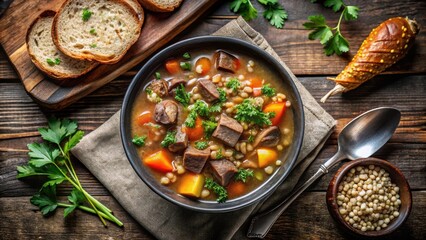 Hearty Barley and Vegetable Stew with Tender Meat Cubes, Served with Crusty Bread