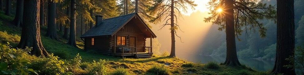 Secluded forest cabin nestled amongst towering trees, bathed in the soft light of dawn Perfect for escape and relaxation in nature's embrace , vegetation, log cabin