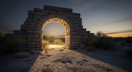 Fototapeta premium Ancient stone archway in desert landscape at sunset