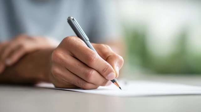 Close up of hands writing on a sheet of paper with a pen, possibly taking notes, drafting a document, or signing a contract in an office setting