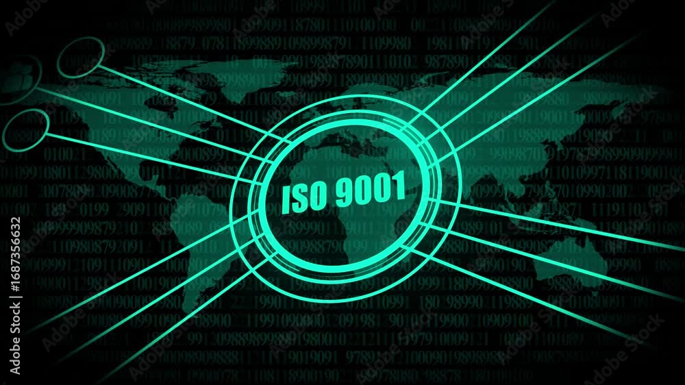 Leinwandbilder cyan neon iso 9001 circle over world map with binary code iso 9001 quality management