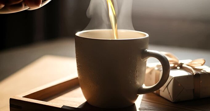 Pouring hot Coffee or tea with steam into a mug and gift box beside is the perfect way to celebrate