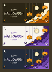 Naklejka premium Happy Halloween banners set, party invitation background with clouds, bats and pumpkins in paper cut style. Vector illustration. Full moon, spider web, ghost, bat. Place for text. Trick or treat