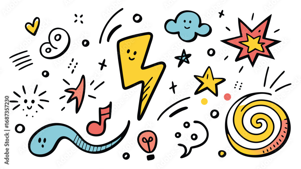 Poster a collection of playful doodle icons designed for a cartoon, featuring various whimsical characters 
