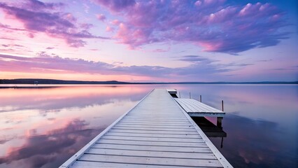 Obraz premium White wooden dock extending into calm lake at sunrise with pink and purple clouds – Serene nature landscape, peaceful water reflection, pastel sky gradient, tranquil outdoor setting