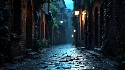 Sierkussen Smal steegje A narrow European cobblestone alley at night with warm street lamps glowing against brick walls and lush ivy. Atmospheric, moody urban scene with a mysterious vibe.  © Andriana