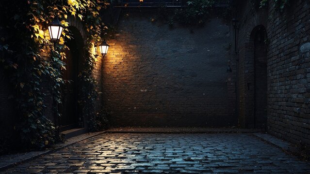 A moody, dark cobblestone courtyard at night. Warm glowing lanterns illuminate ivy-covered brick walls, creating a mysterious and atmospheric medieval European alleyway scene.