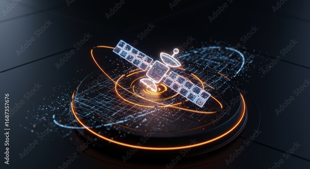Aufkleber a futuristic digital satellite orbits a circular platform surrounded by glowing energy s and data st