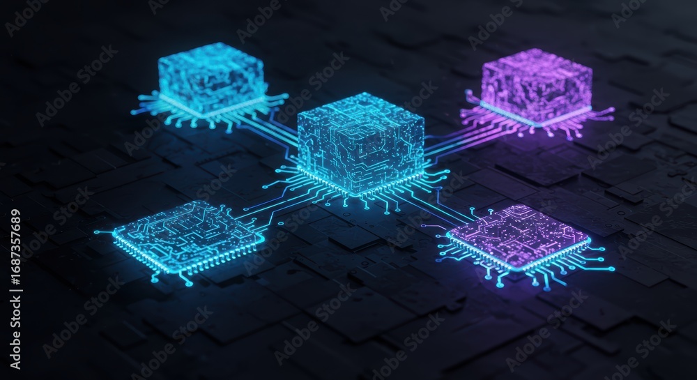 Aufkleber the interconnected digital network with glowing neon cubes signifies data flow and processing across