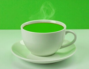 Obraz premium Steaming cup of green tea on a saucer, refreshing beverage.