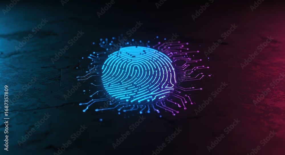 Aufkleber a glowing blue fingerprint with circuit board design is displayed on a dark textured surface, repres