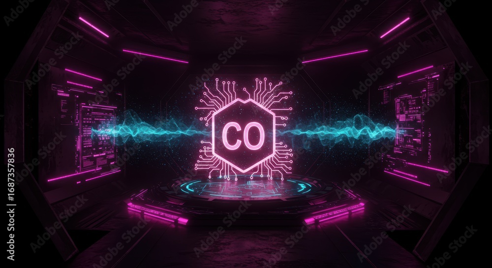 Poster a futuristic neon platform illuminates a glowing hexagon with 