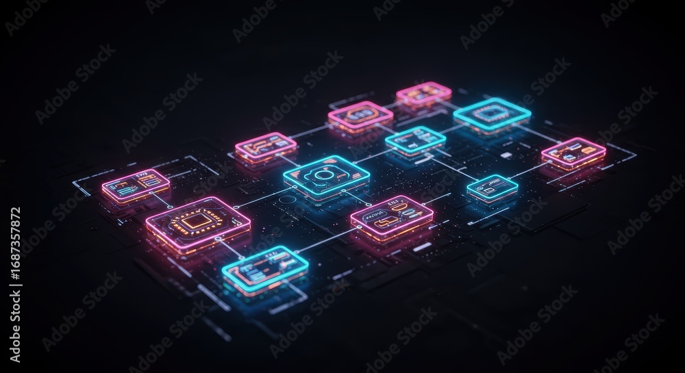 Poster abstract network diagram with glowing neon nodes displaying data icons connected by thin lines on a 