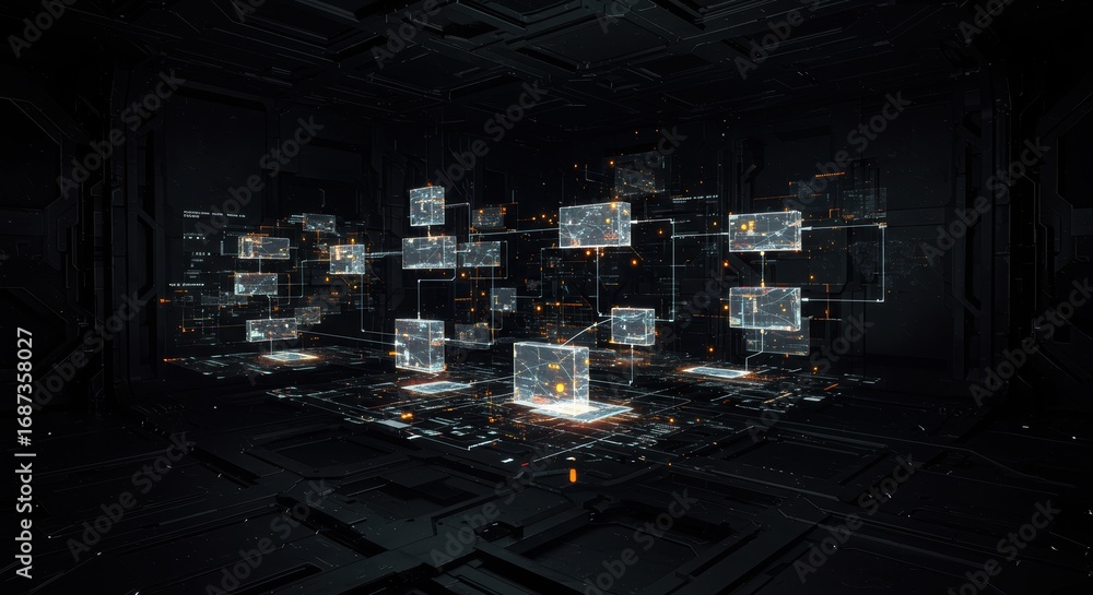 Aufkleber intricate network visualization displays interconnected data blocks within a futuristic server room,