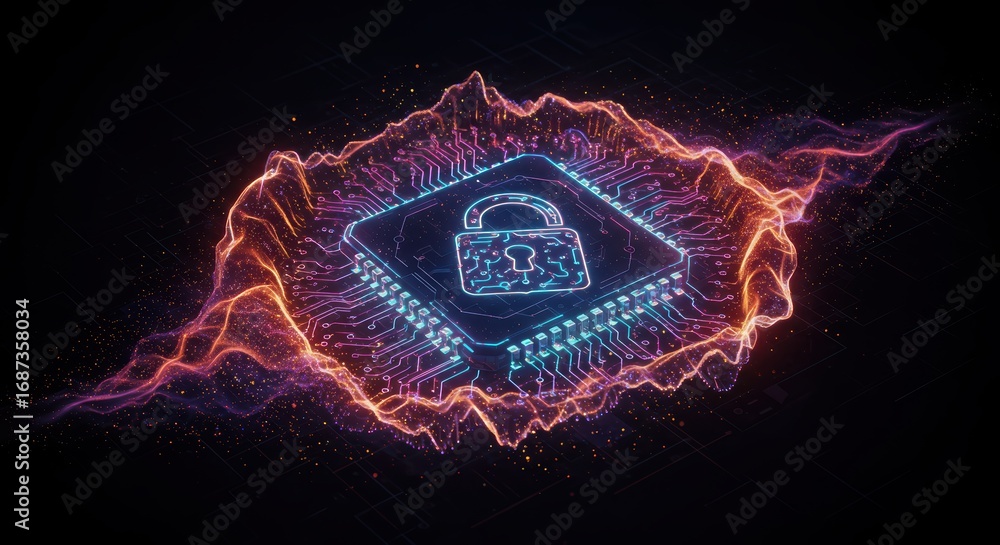 Poster digital technology concept displays glowing padlock over chip with data protection and security amid