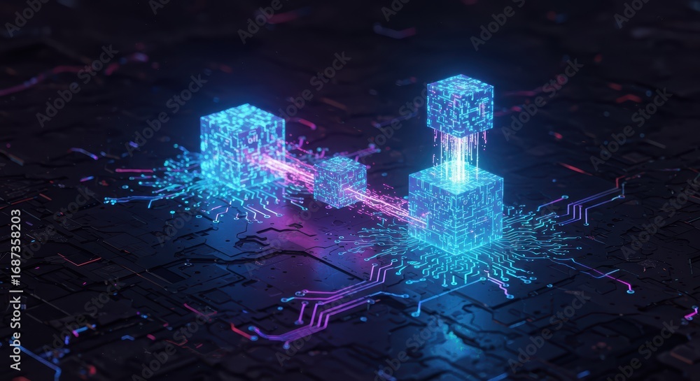 Aufkleber intricate network of glowing blue cubes linked by vibrant data streams resting upon a complex dark c