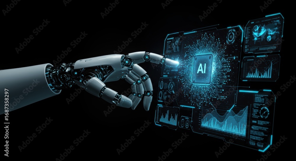 Aufkleber a futuristic robot hand interacts with a digital display featu an ai chip and data visualizations ag