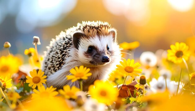 Cute hedgehog in a field of yellow flowers bathed in sunlight - Powered by Adobe