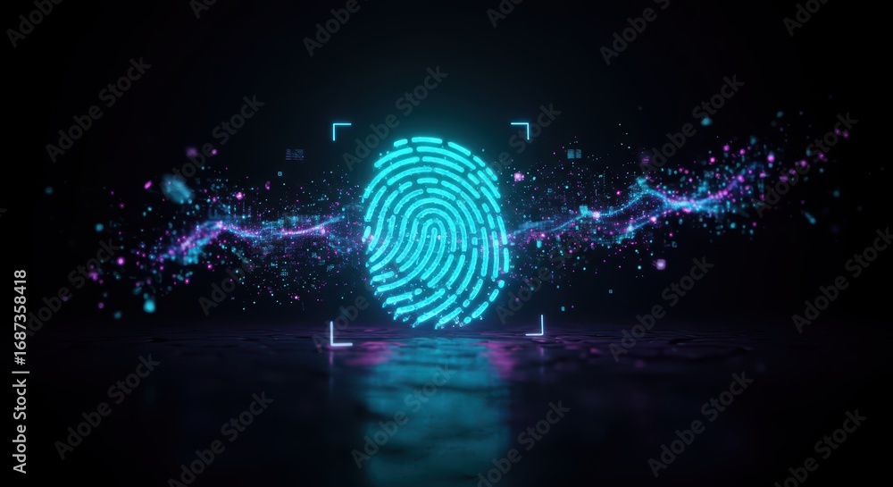 Aufkleber an illuminated blue fingerprint floats above a reflective surface amidst a trail of sparkling light 