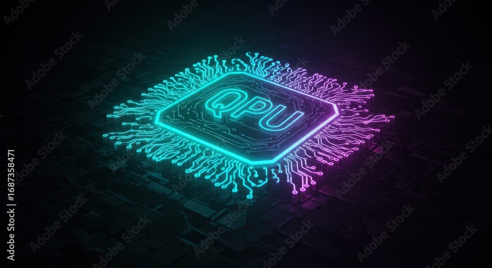 Poster an illuminated quantum processing unit with glowing blue and pink lights represents futuristic compu