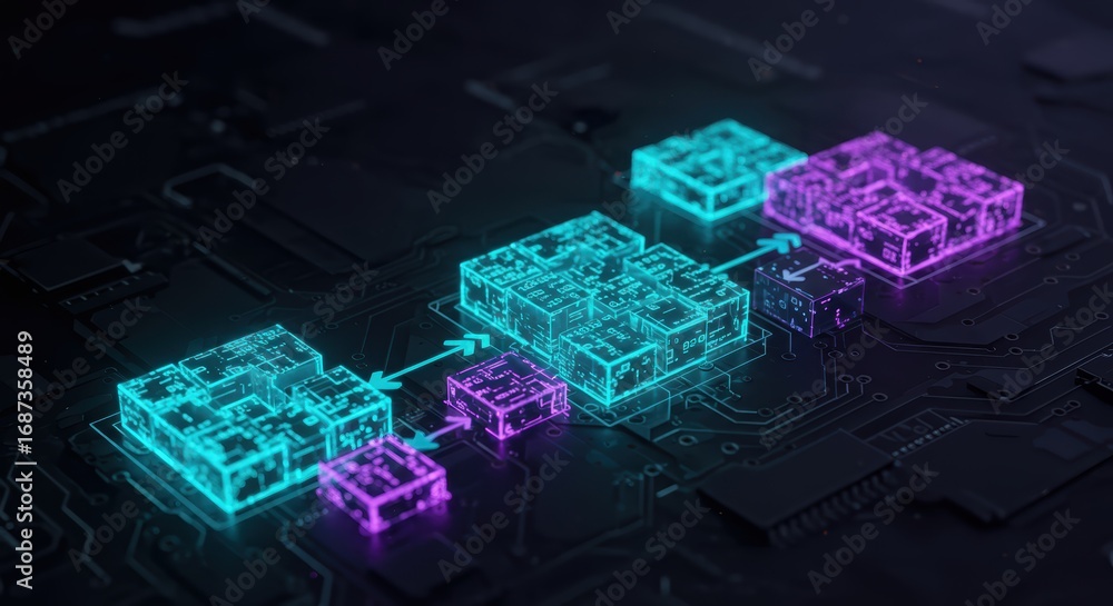 Aufkleber abstract glowing blocks connected by arrows form a futuristic technology network on a dark circuit b