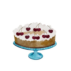 Watercolor cake with whipped cream and cherry. Cake on a turquoise stand, isolated on white.