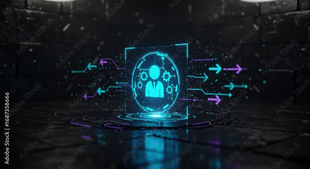Poster a glowing holographic projection of a person icon with gears is displayed with converging data strea