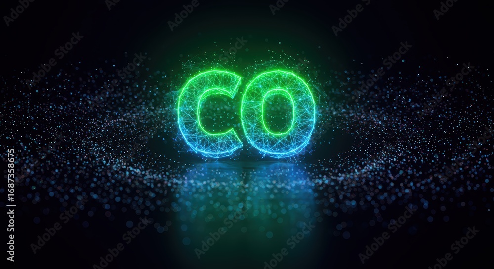 Poster sparkling green and blue co initials glow brilliantly on a dark surface, reflected in a watery sheen
