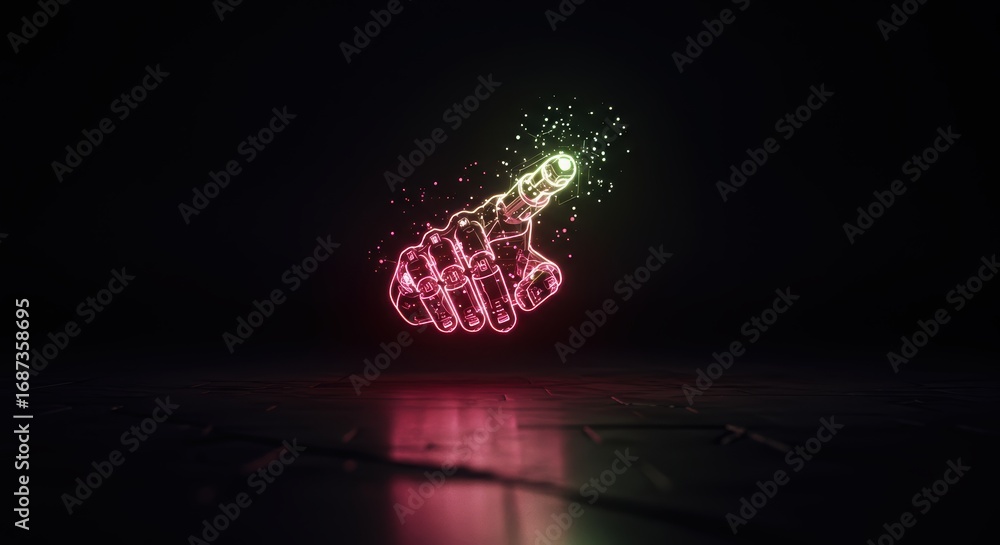 Poster an illuminated hand points upwards, created with neon pink and green light with small glowing partic