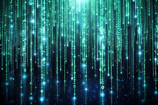 A mesmerizing cascade of falling digital rain in shades of green and blue, representing a futuristic matrix of code and data streams - Powered by Adobe