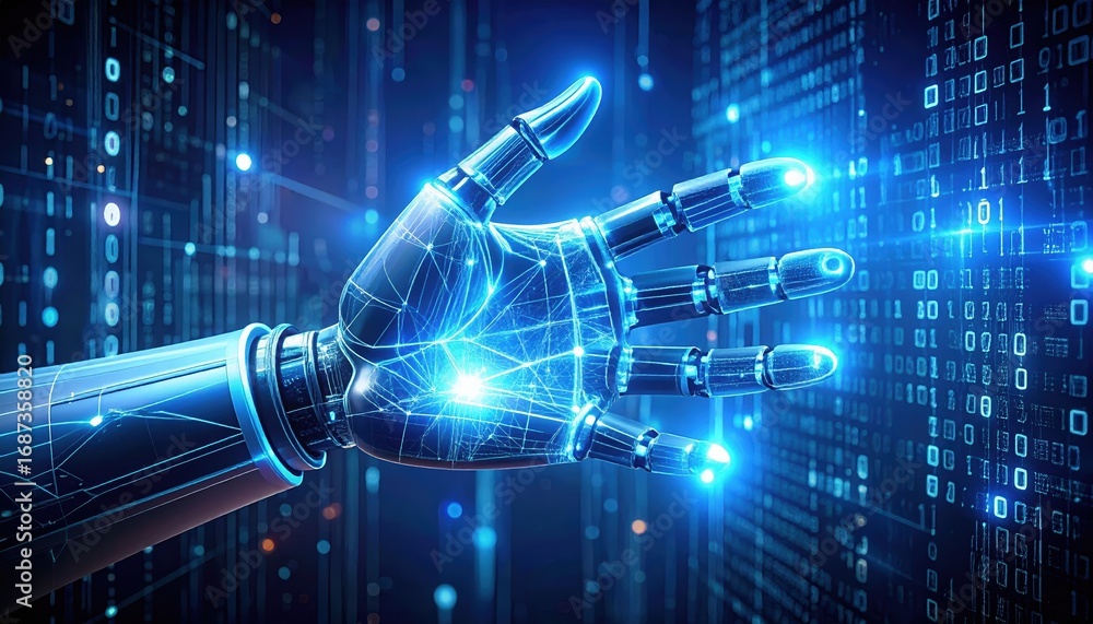 Aufkleber a futuristic robotic hand extends from a digital matrix filled with binary code and glowing blue lig