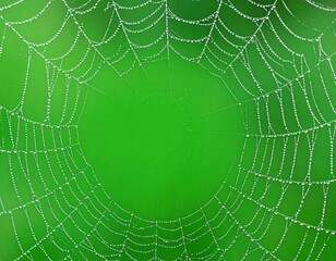 Naklejka premium Dew-kissed spiderweb glistening against a vibrant green natural background.