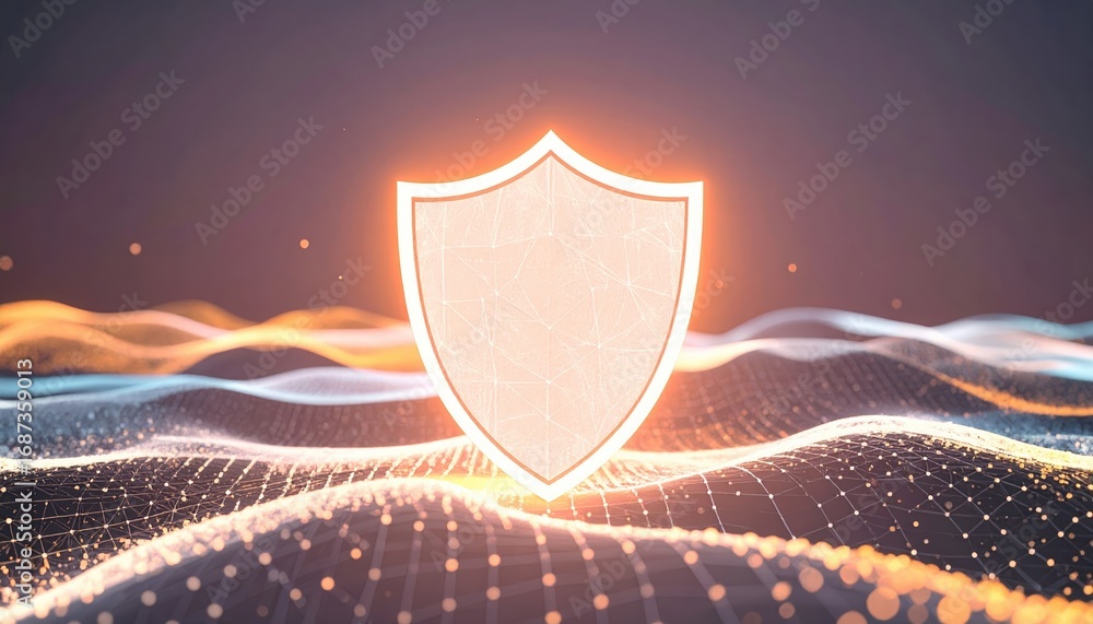Poster a glowing shield icon hovers above an abstract grid of shimme dots and waves symbolizing data securi