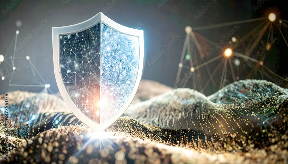 Aufkleber a shining shield reflects digital networks and interconnected nodes, symbolizing robust cyber securi