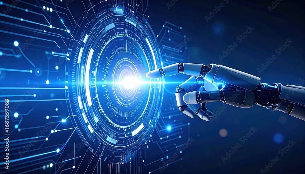 Poster a robotic hand interacts with a futuristic blue interface, representing artificial ligence, data pro