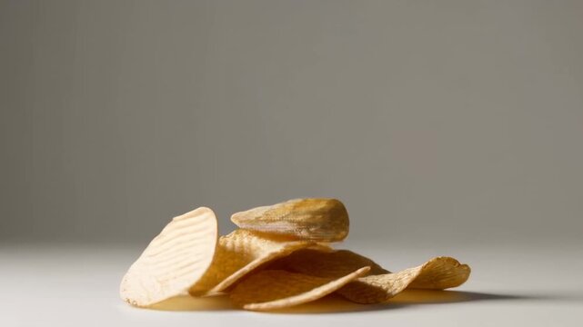 Crispy golden potato chips gracefully descend, creating a visually appealing cascade as they settle onto a growing pile against a clean white backdrop