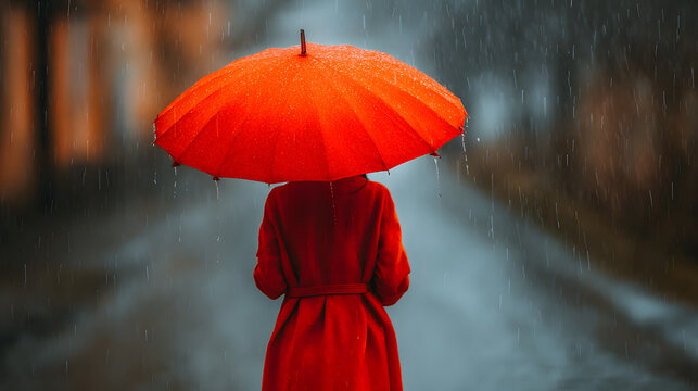 a woman walking in the rain, viewed from the back, hlding a vibrant red umbrela