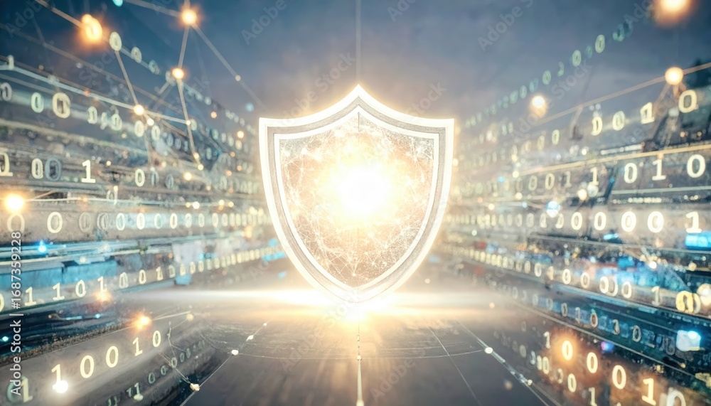 Aufkleber a digital shield protects data flowing through binary code in a futuristic network environment symbo