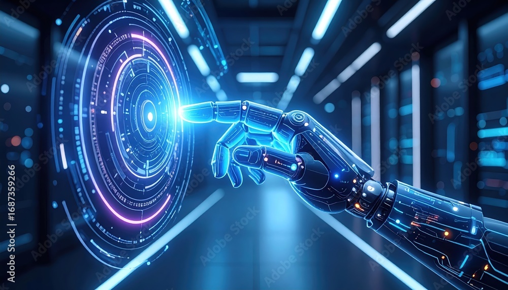 Poster a futuristic cyborg hand interacts with a digital interface surrounded by blue light, symbolizing ad
