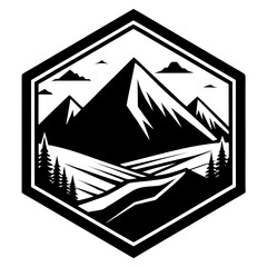 Obraz premium Hexagon Framed Mountain Scene – Clean Silhouette Art