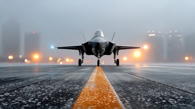 Military jet prepares for takeoff on a foggy runway illuminated by distant city lights during early morning hours