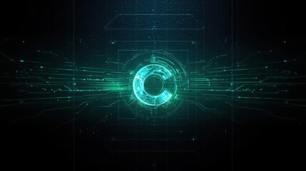 A mesmerizing digital rende showcases a futuristic letter C within a complex circuit board design, glowing with vibrant turquoise and electric energy flows.