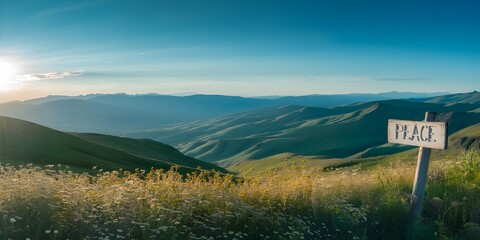 Peace sign on a mountain ridge at sunrise with vast landscape