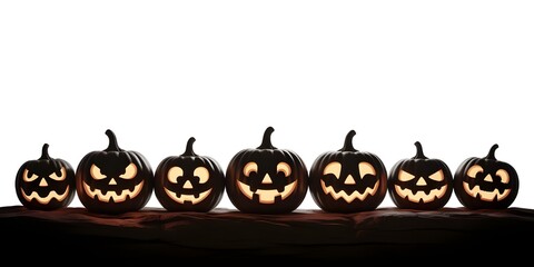 Row of glowing carved halloween pumpkins with spooky faces on a white background